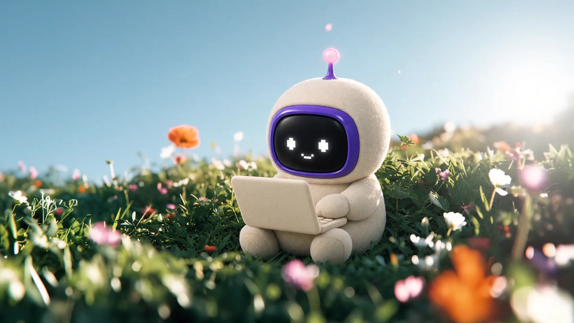 Wovio, el robot de peluche con una pantalla por cara, escribe en su laptop sentado en un prado con flores; sobre su cabeza aparecen sus pensamientos: una página rota que se arregla, un medidor de velocidad que sube y un sitio que asciende en los resultados de búsqueda.